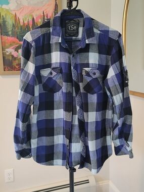 TSA Long Sleeve Plaid Button Down Flannel Shirt Blue Black‎ Men's Size  L